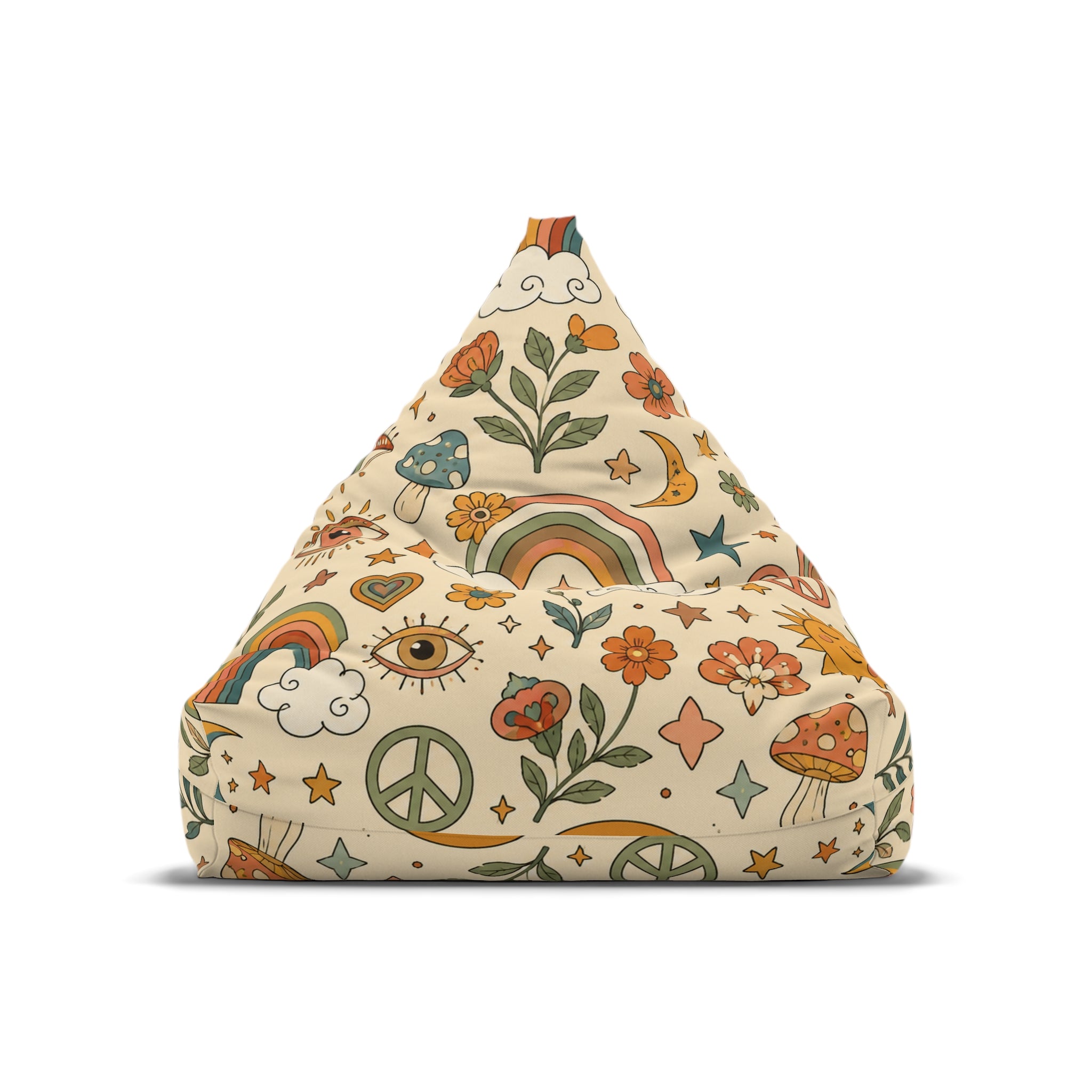 Retro Floral Peace Bean Bag Cover – 70s Rainbow & Mushroom Boho Pattern