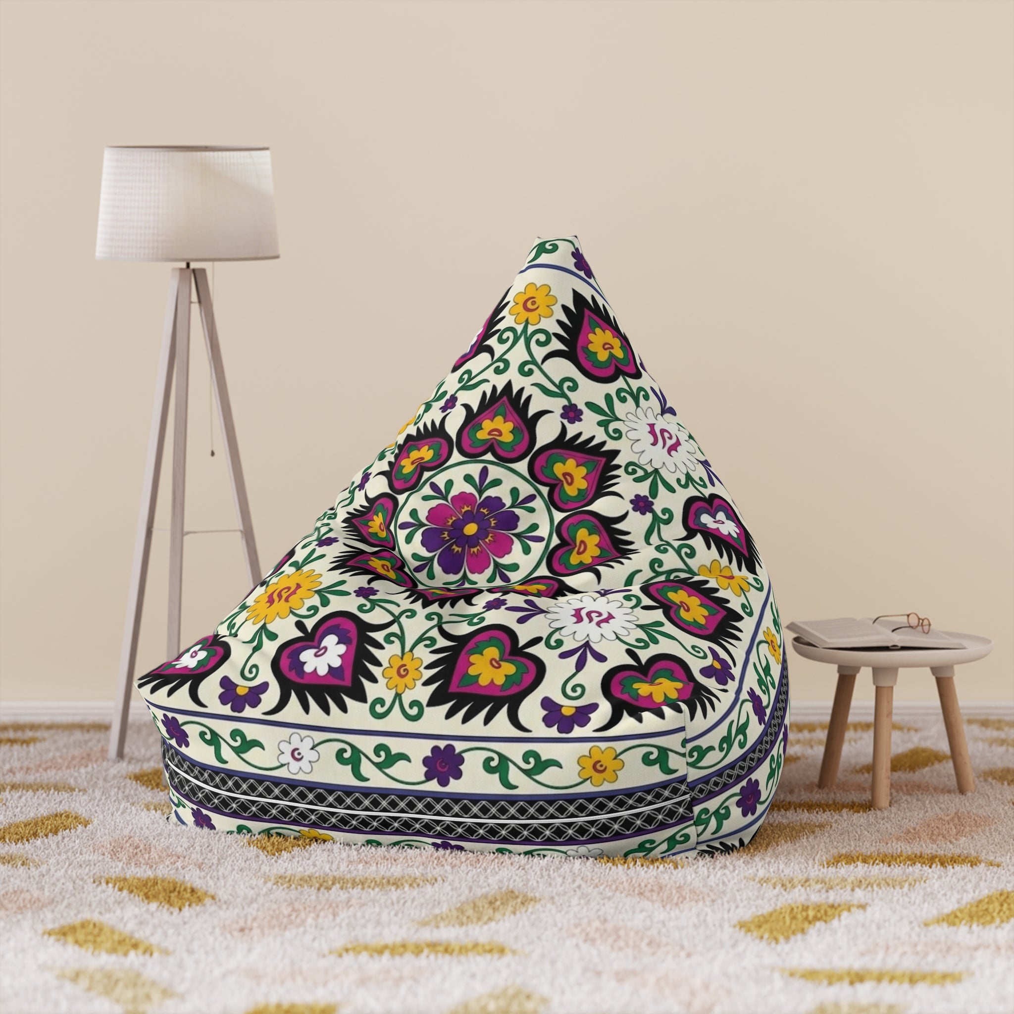 Floral Tile Pattern Bean Bag Chair Cover | Purple Yellow Green Boho
