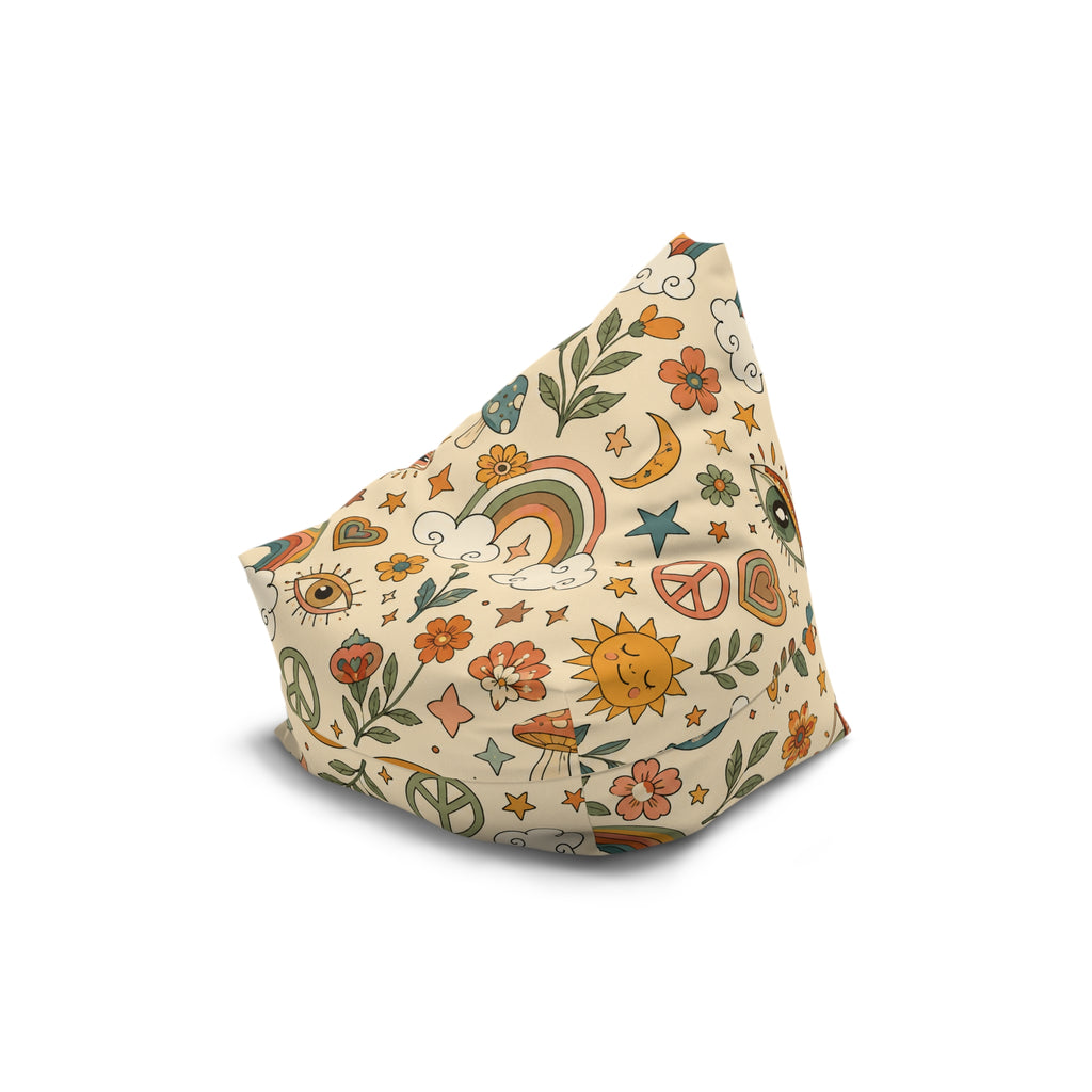 Retro Floral Peace Bean Bag Cover – 70s Rainbow & Mushroom Boho Pattern