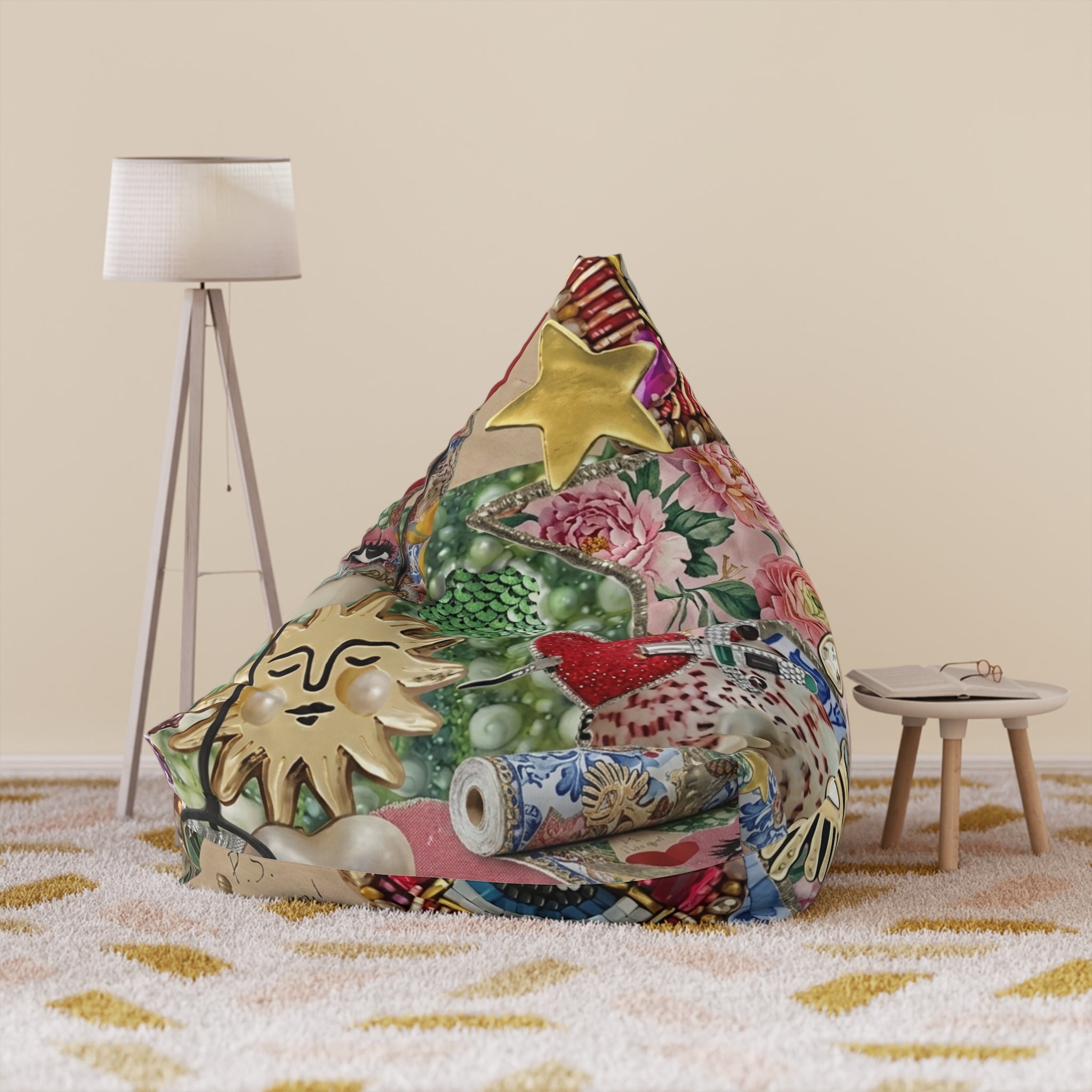 Vintage Collage Bean Bag Chair Cover | Eclectic Floral & Ornament Print