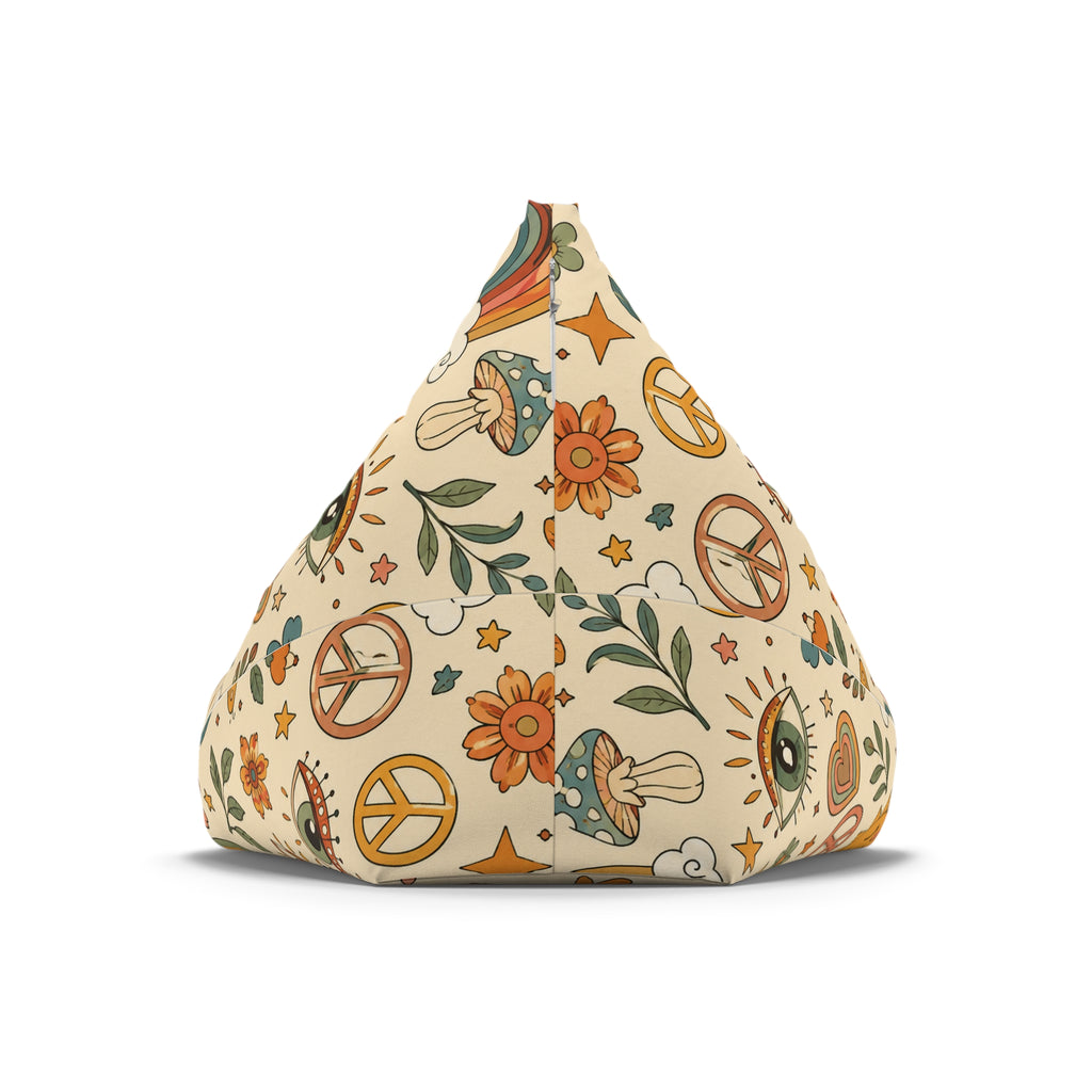 Retro Floral Peace Bean Bag Cover – 70s Rainbow & Mushroom Boho Pattern