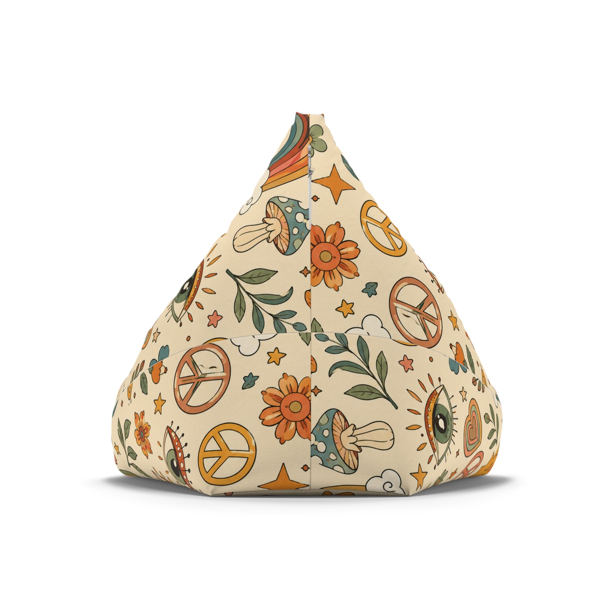 Retro Floral Peace Bean Bag Cover – 70s Rainbow & Mushroom Boho Pattern