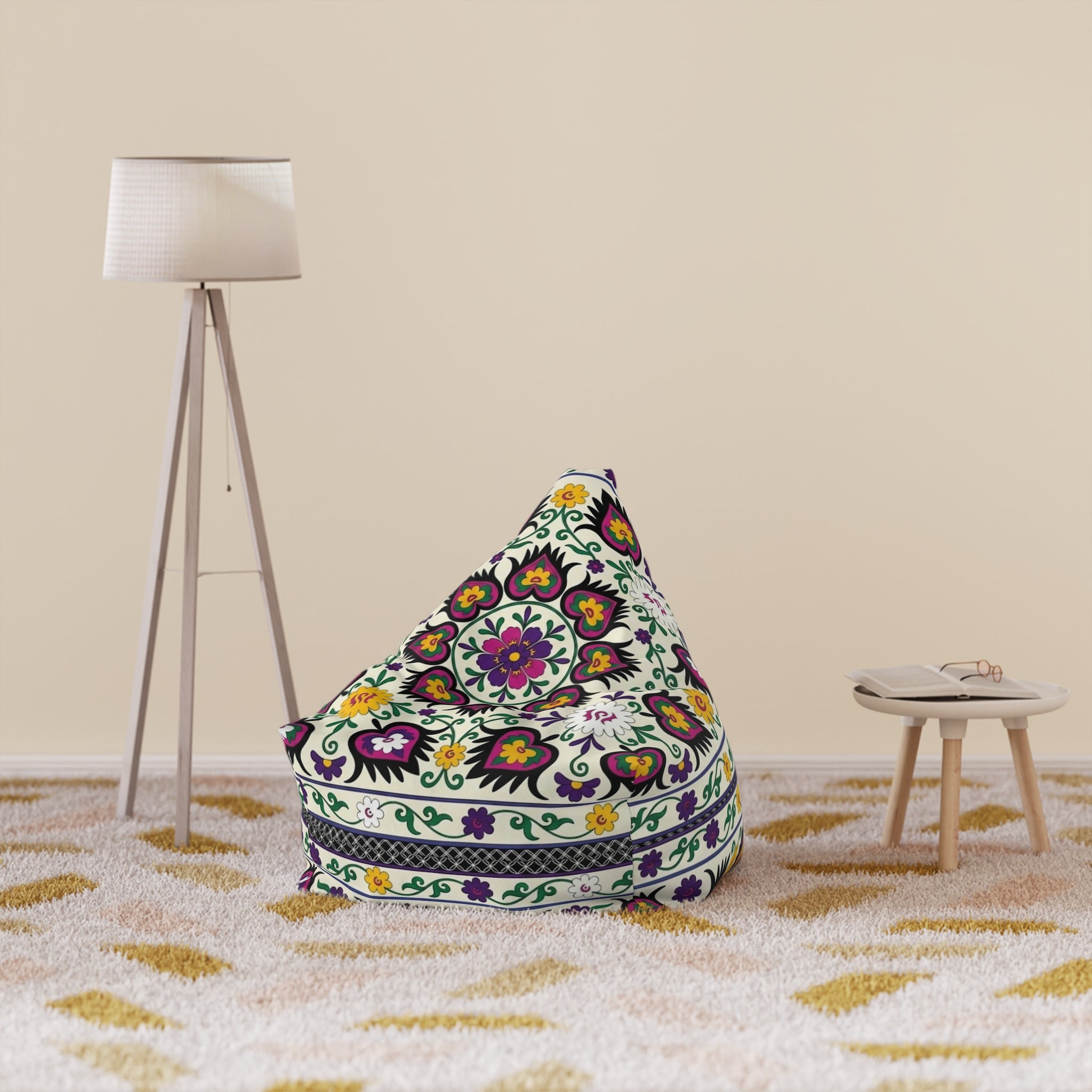 Floral Tile Pattern Bean Bag Chair Cover | Purple Yellow Green Boho