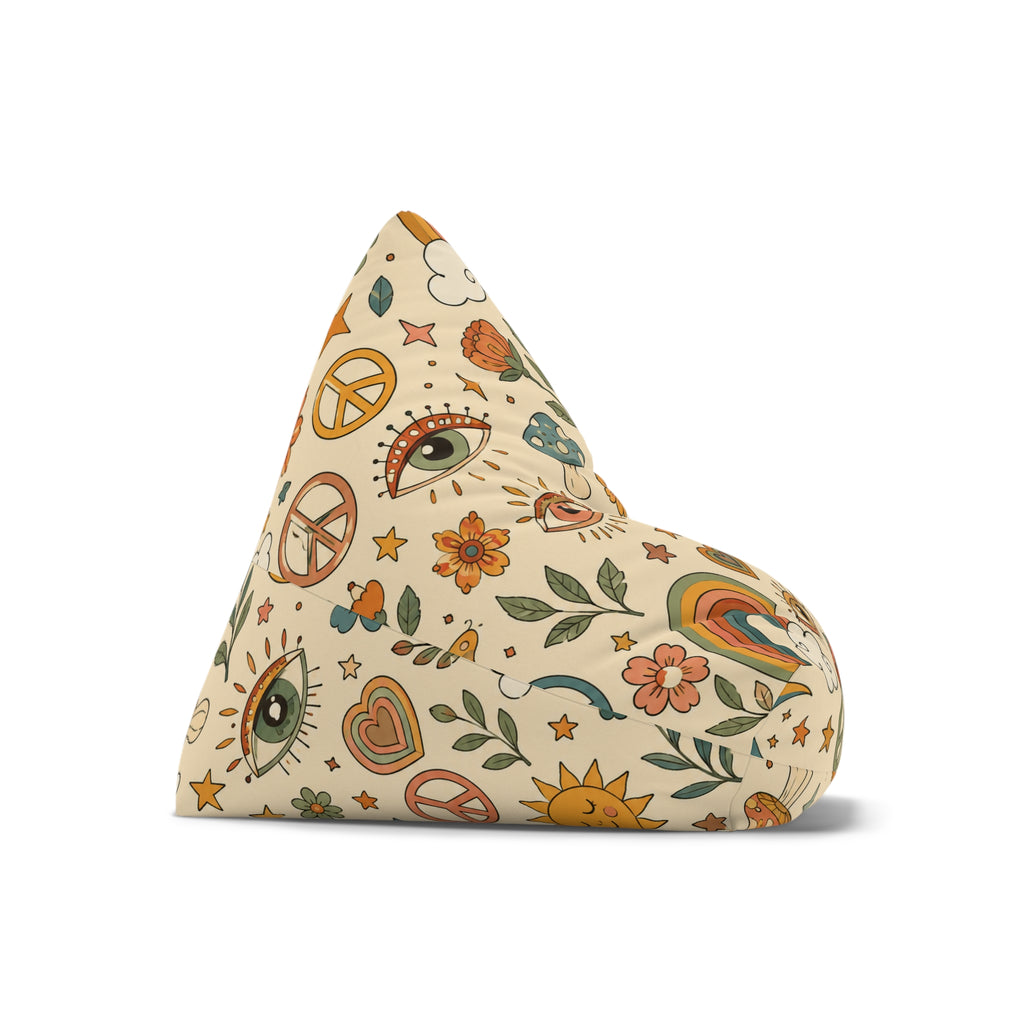 Retro Floral Peace Bean Bag Cover – 70s Rainbow & Mushroom Boho Pattern