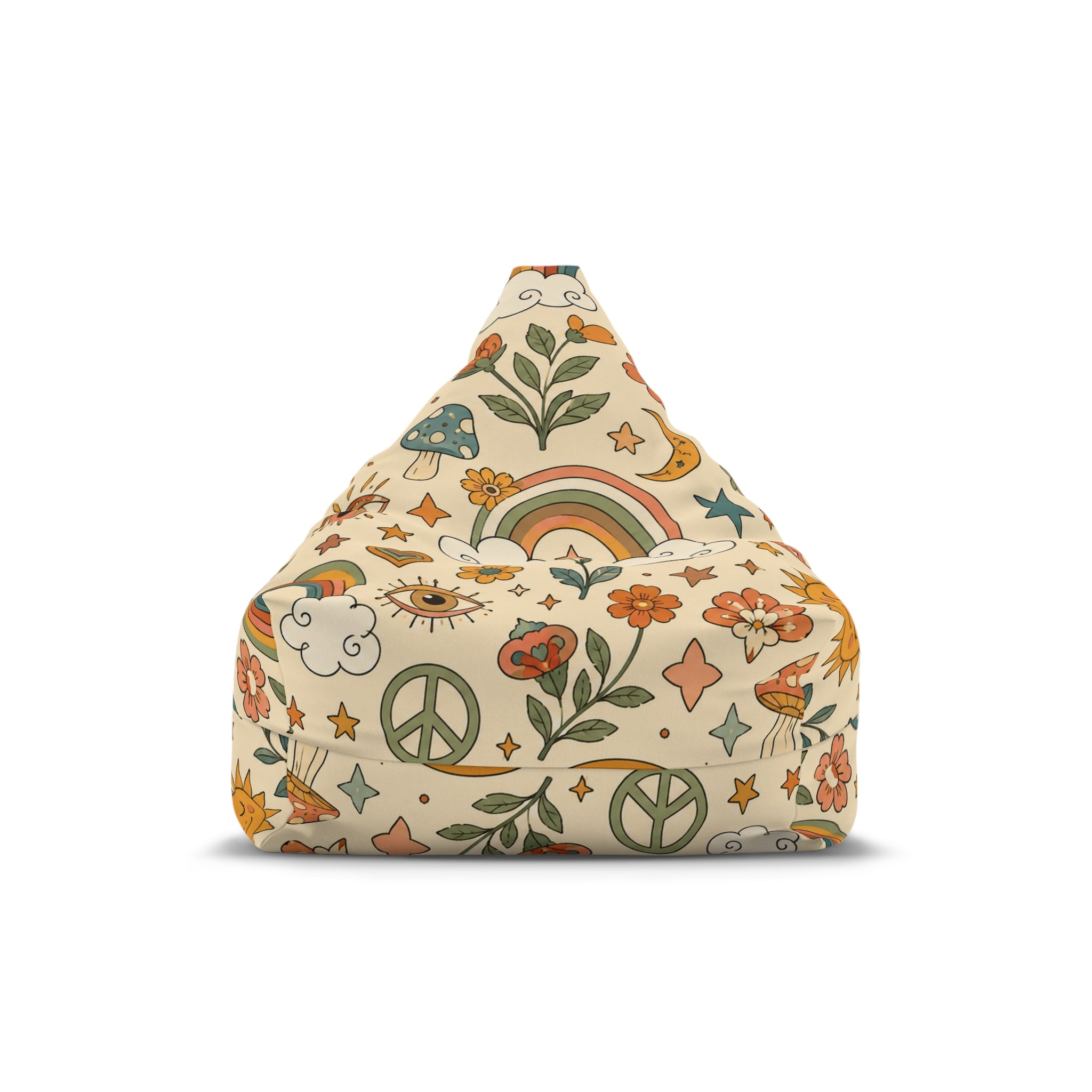 Retro Floral Peace Bean Bag Cover – 70s Rainbow & Mushroom Boho Pattern