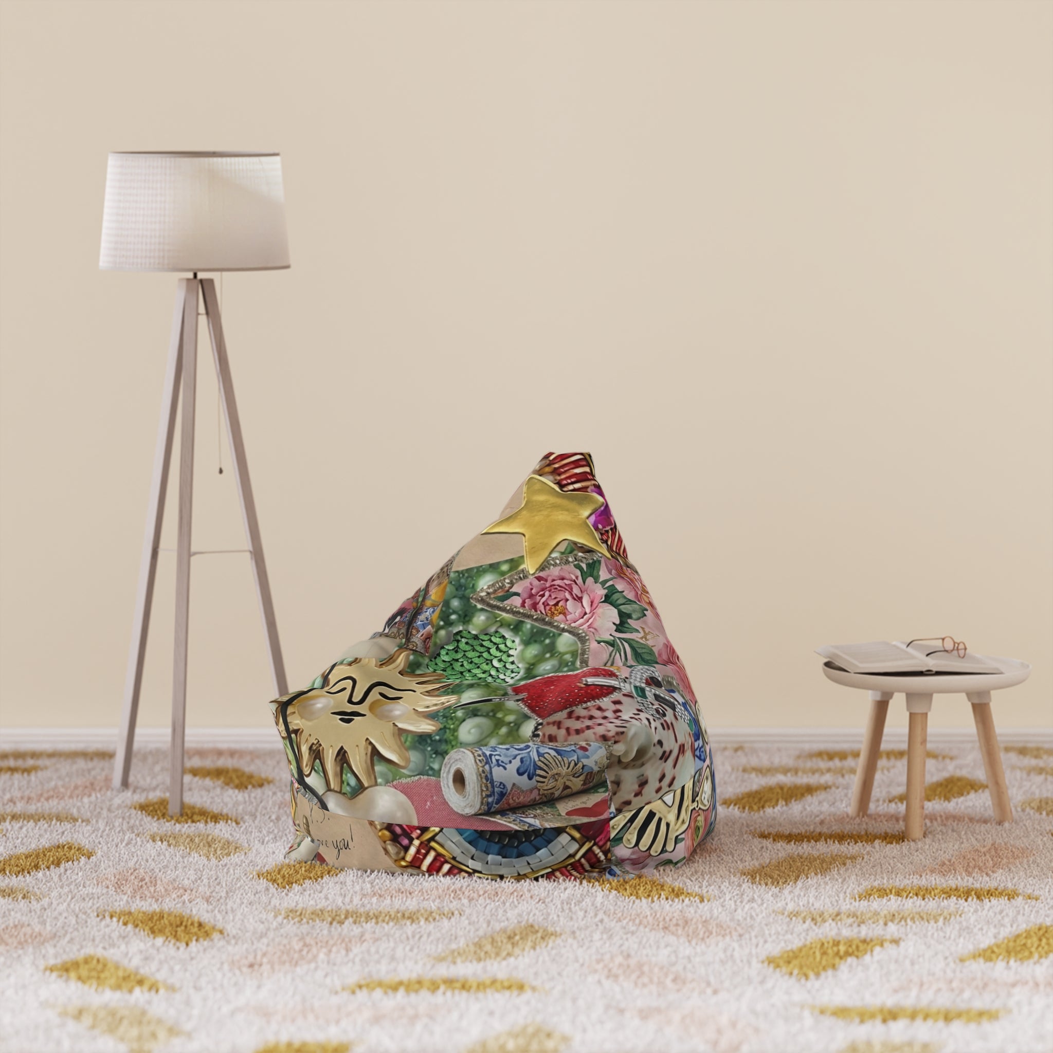 Vintage Collage Bean Bag Chair Cover | Eclectic Floral & Ornament Print