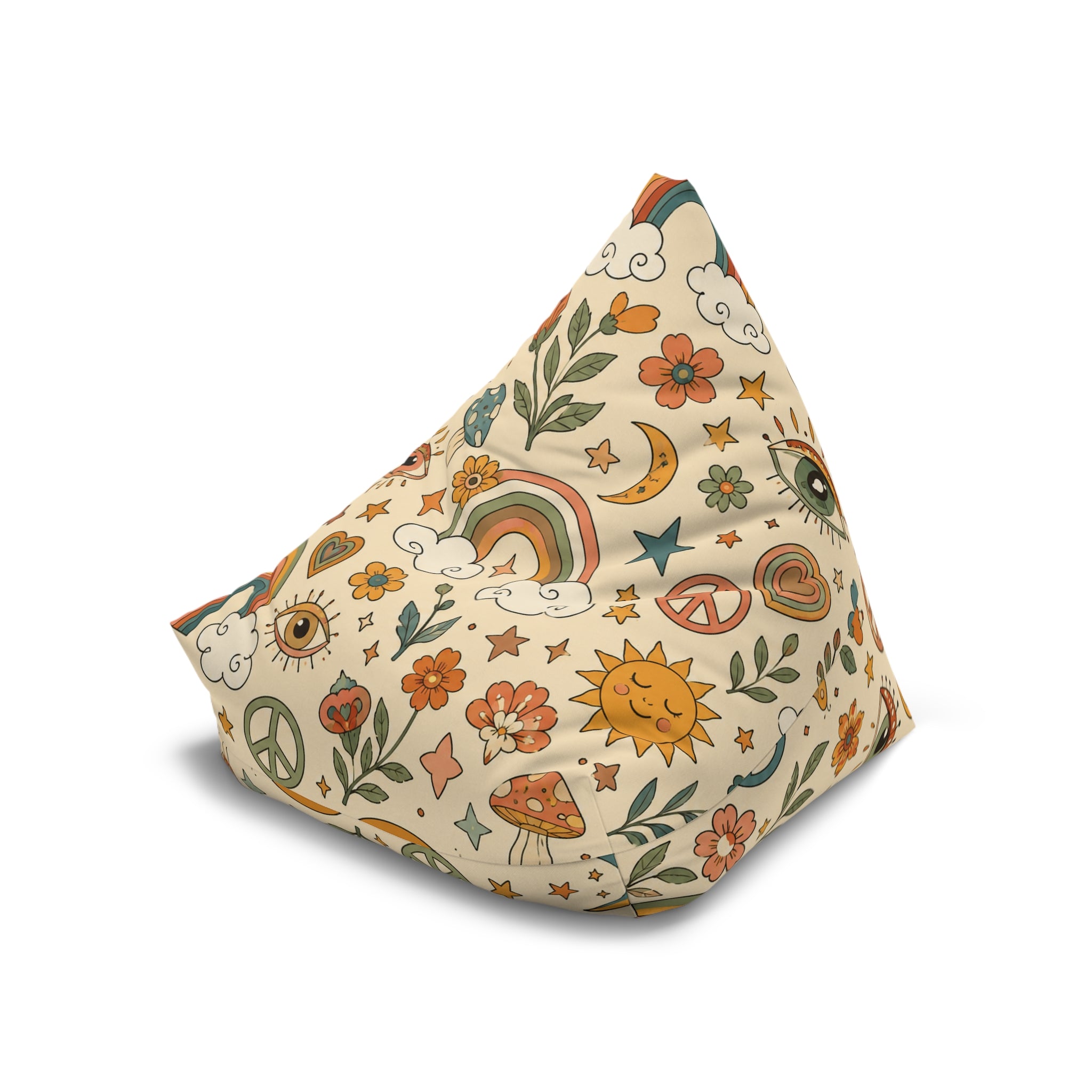 Retro Floral Peace Bean Bag Cover – 70s Rainbow & Mushroom Boho Pattern