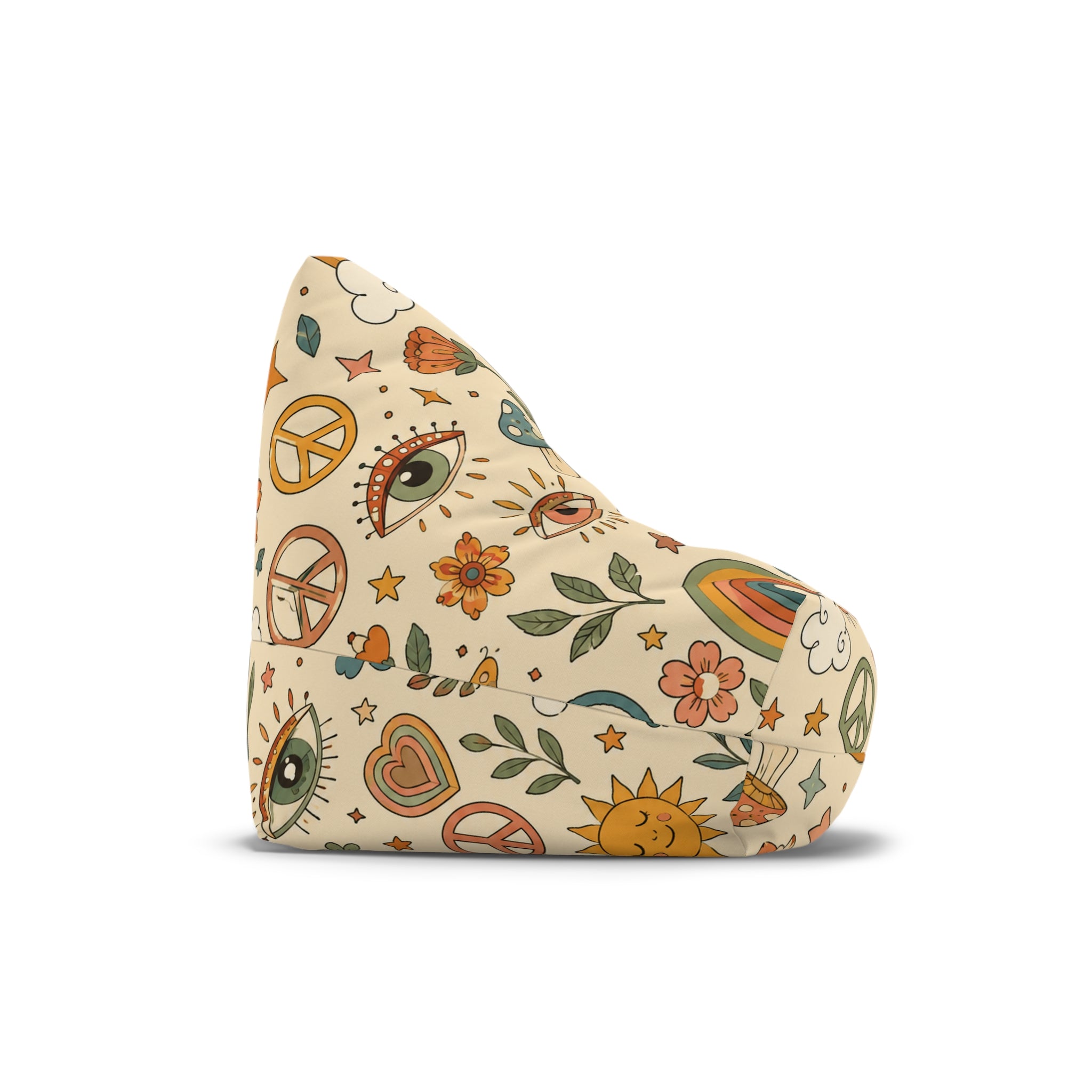 Retro Floral Peace Bean Bag Cover – 70s Rainbow & Mushroom Boho Pattern