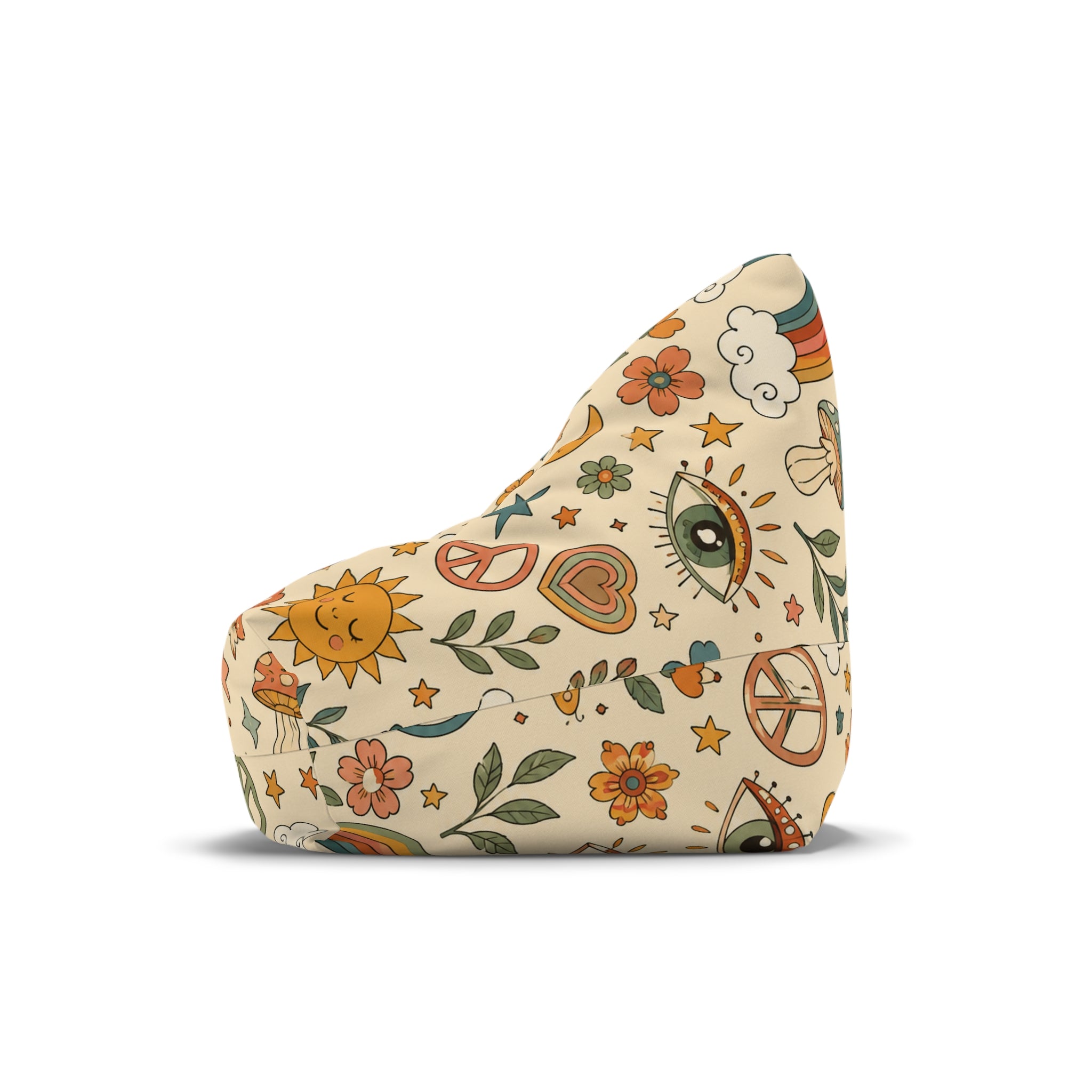 Retro Floral Peace Bean Bag Cover – 70s Rainbow & Mushroom Boho Pattern