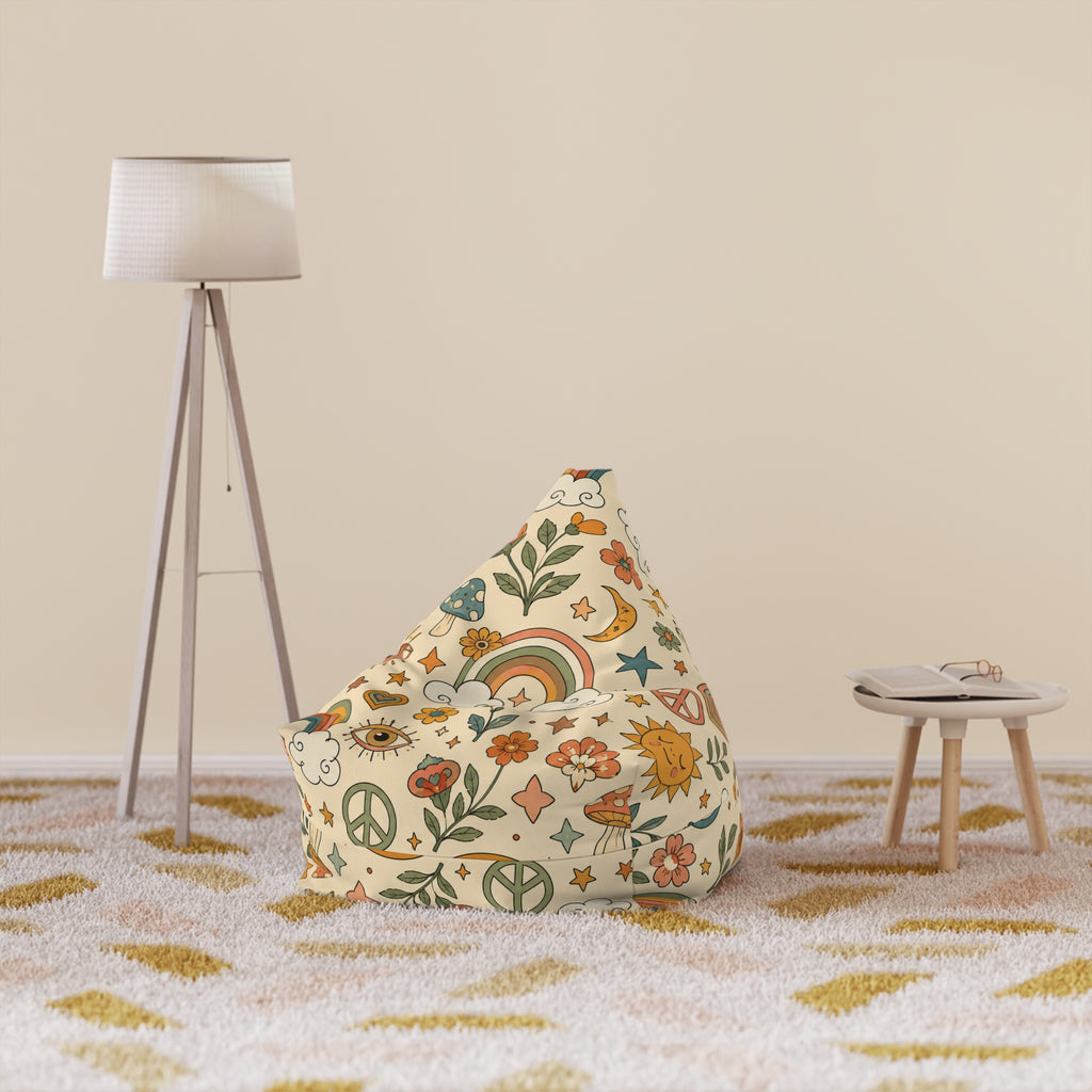 Retro Floral Peace Bean Bag Cover – 70s Rainbow & Mushroom Boho Pattern