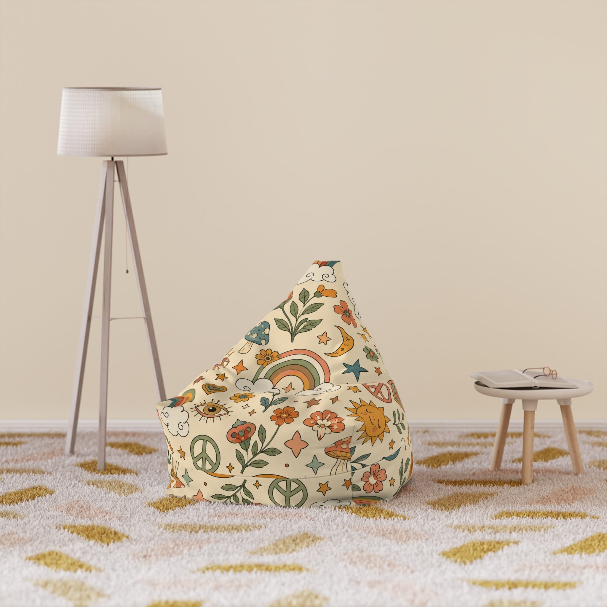 Retro Floral Peace Bean Bag Cover – 70s Rainbow & Mushroom Boho Pattern