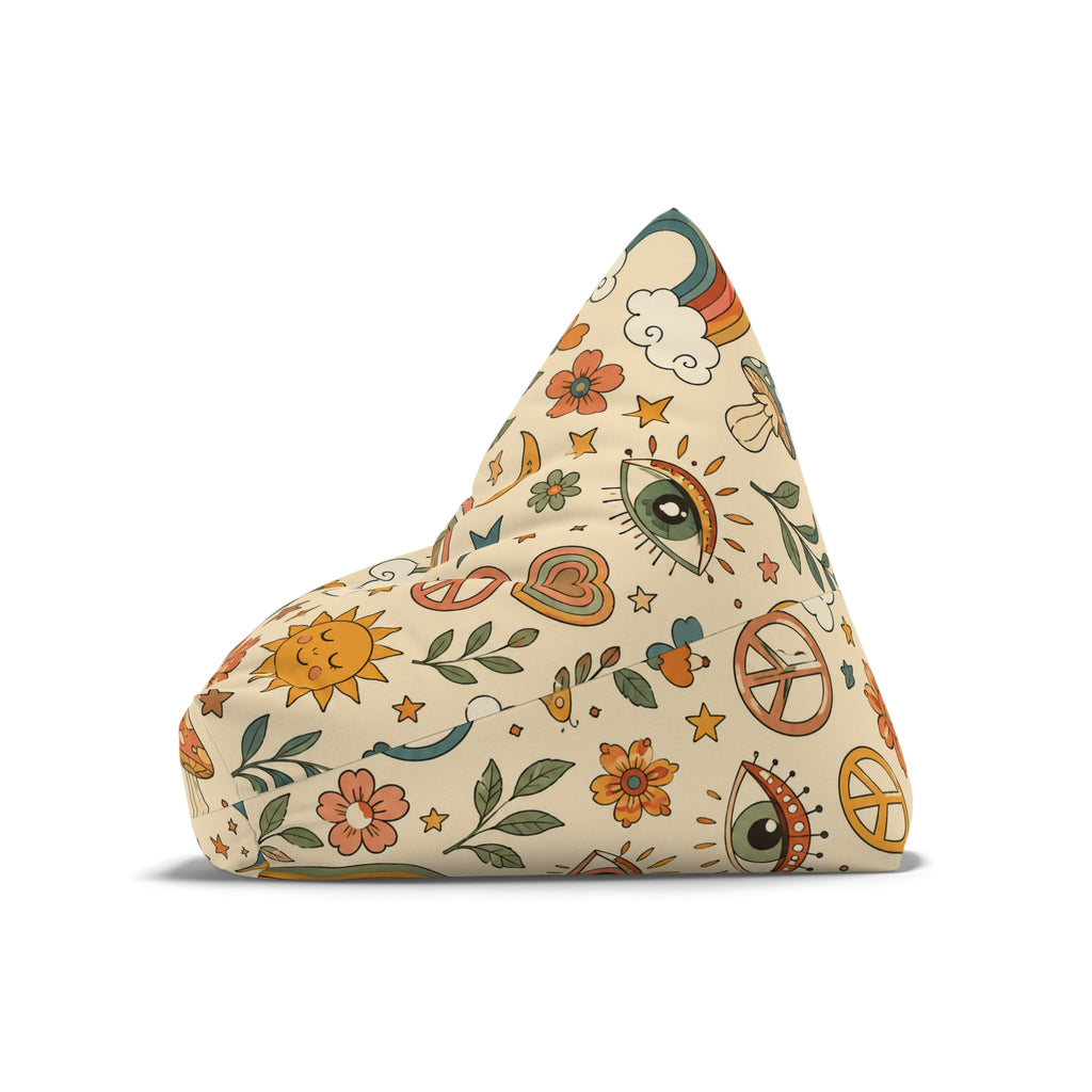 Retro Floral Peace Bean Bag Cover – 70s Rainbow & Mushroom Boho Pattern