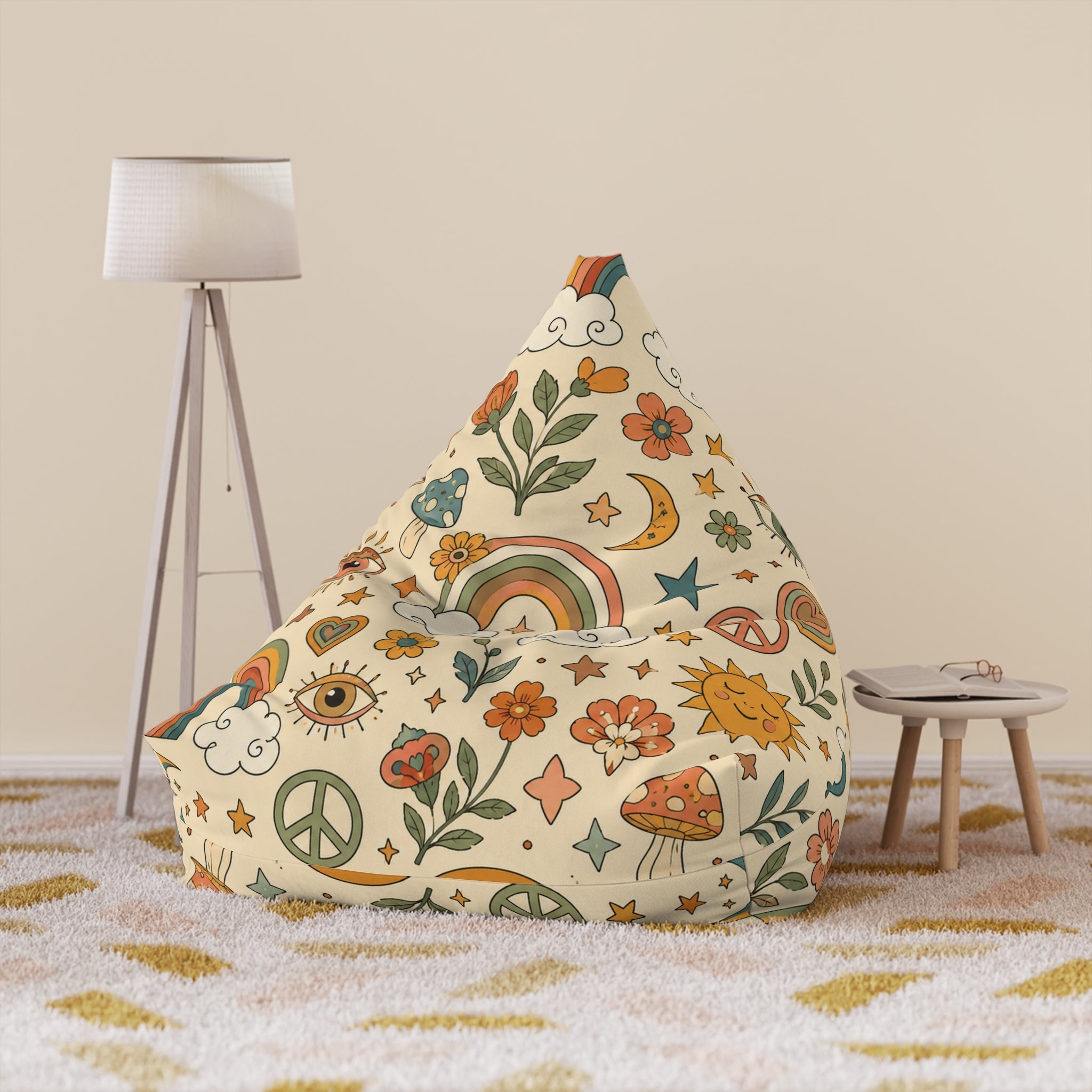 Retro Floral Peace Bean Bag Cover – 70s Rainbow & Mushroom Boho Pattern